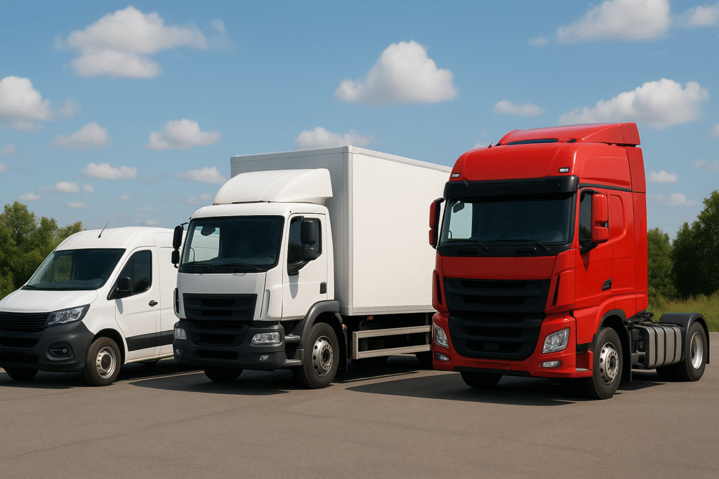 three commercial vehicles in a parking lot