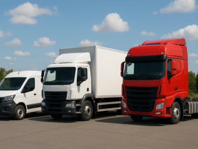 three commercial vehicles in a parking lot