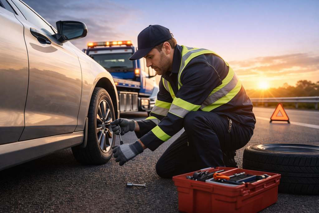 tow truck operator adjusting lug nuts on a vehicle on the roadside with the tow truck and sunset in the background