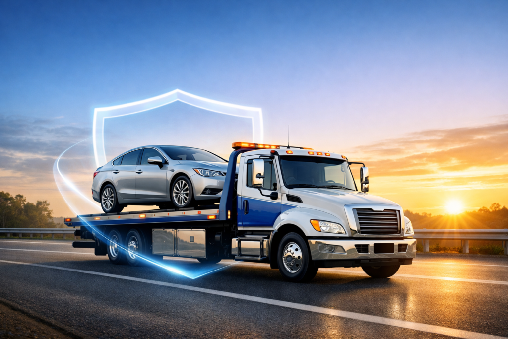 Flatbed tow truck hauling a sedan with the sunset in the background.